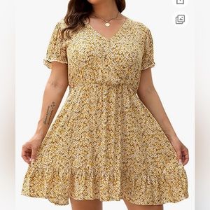 Womens Plus Size V Neck Casual Printed Floral Swing Mini Dress with Pockets